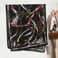 Classic vintage square scarf with gold chains and leather belt patterns in black - Buckle Chain Style / Black