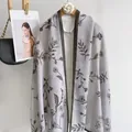 Light gray cotton linen scarf for women with black floral print and dark gray border - Gray Leaf