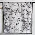 Elegant white cotton linen scarf with hand-painted black floral patterns and border - Black Leaf
