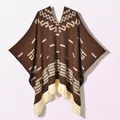 Detail of bohemian knit poncho with geometric jacquard patterns and tassel hem decor - Pullover Western Cowboy Wine Red