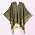 Detailed knit texture and olive green ethnic print with cream fringe on the poncho - Pullover Poncho Origin Green