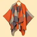 Thick knit poncho shawl with orange and dark grey large grid pattern for autumn and winter - Orange Plaid