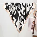 Elegant camellia print silk scarf for women in black and white with champagne gold border - 70x70cm / Camellia Black and Beige