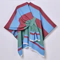 Women's knit poncho cape in blue and burgundy striped patterns with stylish front knot detail - Striped Red Blue (Tassel Tie-up)