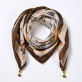 Elegant beige and brown velvet silk scarf with tropical feather prints and gold charms - Feather Clover - Magnetic Buckle