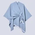 Elegant light blue knit poncho wrap with stylish side tie closure and fine fringe trim - Mud Spots Slashes Light Blue-gray / 130x150cm