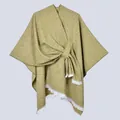 Knitted yellow and grey marl poncho with knot detail and white fringe tassels - Mud Spots Slashes Ginger Yellow / 130x150cm