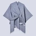 Dark grey knitted tassel poncho cape with elegant front knot and jacquard texture - Mud Spots Slashes Black / 130x150cm