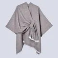 Brown textured knit poncho with stylish front knot detail and white fringe trim - Mud Spot Slash Coffee / 130x150cm