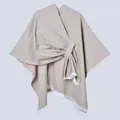 Elegant beige fringe knit poncho with side waist tie and soft jacquard texture - Mudspots Slashes Khaki / 130x150cm