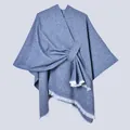 Blue knit poncho shawl featuring a front tie knot detail and fringe hem for winter - Mud Spots Slashes Navy Blue / 130x150cm