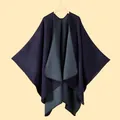 Detail of double-sided knit shawl with ginkgo leaf pattern and stitched edge finish - Double-sided Navy