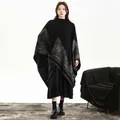 Women's black oversized knit shawl poncho with artistic grey landscape pattern - Black Mountain Landscape