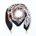 Detail of vintage velvet scarf with animal print and elegant gold metal ring charms - Magnetic Clasp Style / Hat and Horse