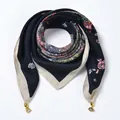 Navy floral silk scarf with magnetic buckle and golden charms in ring-fold style - Horse Floral - Magnetic Buckle