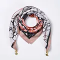 Detail of floral silk scarf with golden metal pendants and orange-pink borders - Magnetic Clasp Style / Two-tone Rose Pink