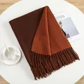 Detail of soft cashmere-like scarf with dual-tone brown and orange weave and tassels - Caramel Camel