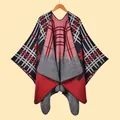 Texture détaillée d'un châle à carreaux chaud pour femmes avec motif étoile rouge tricoté - Taille Extra Grande / Carreaux Étoiles Noir Rouge