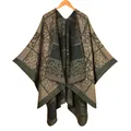 Châle poncho en tricot à carreaux pour femmes avec motifs floraux géométriques - Carreaux à Lignes Vert Camel