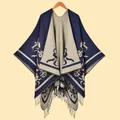 Vintage oversized women's knit shawl poncho with abstract floral pattern and tassels - Navy Blue