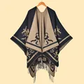 Women's vintage floral jacquard knit shawl with tassels in khaki and black split design - Black Camel
