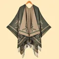Detail of winter green knit shawl with vintage floral jacquard and fringe edges - Green