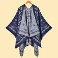 Close-up of vintage dark blue shawl showing intricate paisley jacquard weave and texture - Paisley Vine Navy