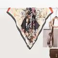 French style floral print satin square scarf in cream white with geometric patterns - 70x70cm / Color Block Bouquet Black Red