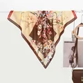 Floral satin silk square scarf with yellow and brown patchwork patterns for women - 70x70cm / Color Block Bouquet Coffee Red