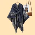 Navy blue and grey knit wave pattern poncho cardigan with waist belt for winter - Tops / Navy Blue / 130x150cm