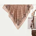 Classic paisley print silk scarf in champagne with vintage star patterns and soft luster - 70x70cm / Khaki