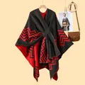 Black knitted cape shawl with red wave pattern and elegant front tie closure - Tops / Black Red / 130x150cm