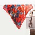 Artistic lotus print silk scarf with abstract floral pattern in vibrant orange and blue - 70x70cm / 3D Oil Painting Red Floral
