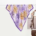 Elegant purple silk scarf with large yellow peony flowers and deep purple border - Purple