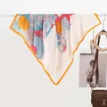 Detail of silk scarf with multi-color floral print and orange rolled edges on satin fabric - 70x70cm / Colorful Chrysanthemum Pegasus