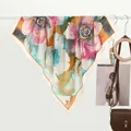 Ink style lotus floral silk scarf for women in cream white with abstract flower print - 70x70cm / Ancient Charm Floral