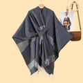 Detail view of blue-gray knit shawl with soft fringes and adjustable waist tie belt - Lace-up Tassel Style / Striped Grey
