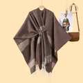 Brown striped knit shawl wrap with waist tie and white fringe tassels for women - Lace-up Tassel Style / Striped Coffee