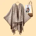 Classic leopard print shawl with fringe trim, soft knit poncho for women's street fashion - Khaki