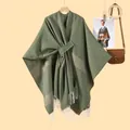 Olive green striped knit poncho with fringe details and tie-waist for women - Lace-up Tassel Style / Striped Green
