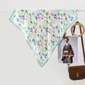 Floral tulip print square scarf in light silk with elegant cyan border and white base - 70x70cm / Multicolor Tulip Green