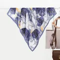 Elegant square silk scarf with purple floral ink print and blue hem for women - 70x70cm / Misty Rose