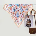 Pastel floral tulip print silk scarf with blue watercolor background and beige border - 70x70cm / Multicolor Tulip Khaki