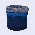 Detail of blue gradient knit scarf with thick grey faux fur lining for winter warmth - Gradient Peacock Blue