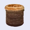 Detail of warm winter neck warmer showing thick striped knit and soft fleece lining - Gradient Dark Brown
