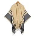 Women's hooded poncho cape with ethnic stripes and tassels for travel and camping - Beige