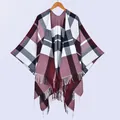 Classic red plaid shawl with fringe detail and open front design for winter - Black and Red Plaid