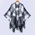 Classic black and white plaid tassel shawl cape with a soft knit texture and open front - Black & White Check