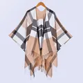 Classic plaid tassel shawl cape for women and men featuring beige and brown check patterns - Khaki Grid