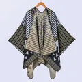 Women's warm knit shawl with geometric pattern and bohemian floral design for winter - White & Camel